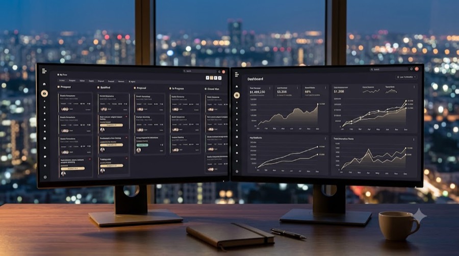CRM-система: канбан сделок и дашборд с графиками на двух мониторах