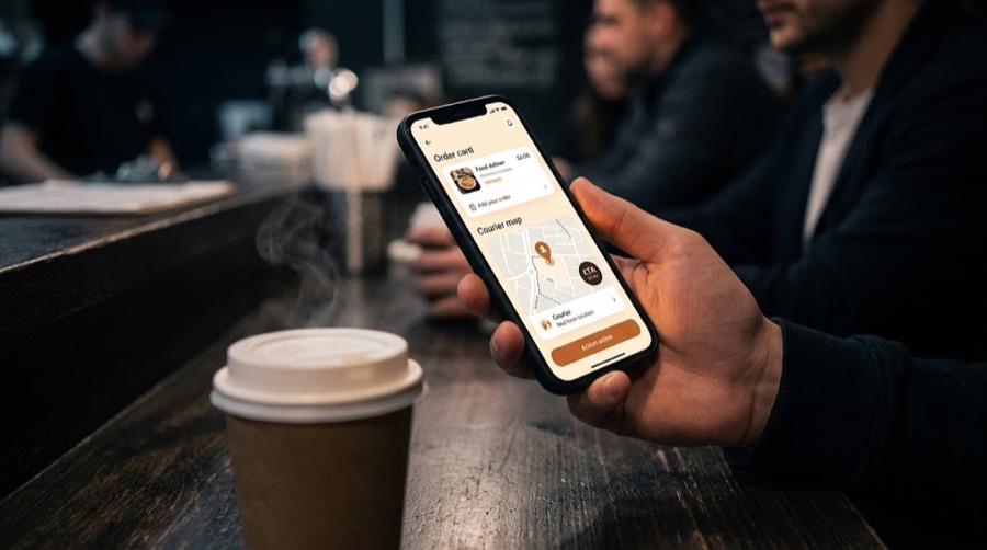Мобильное приложение доставки еды с картой курьера на экране смартфона
